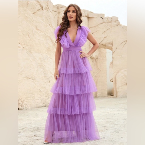Faeriesty Dresses & Skirts - Faeriesty Plunging Neck Backless Ruffle Trim A Line Dress, Lavender- size XS